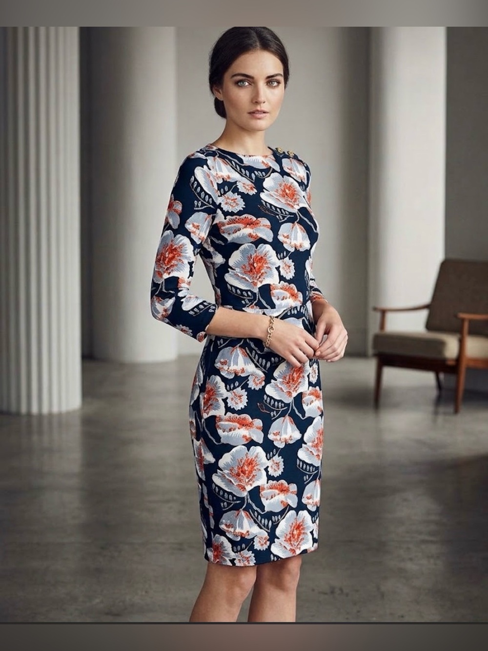 Tory Burch Sheila silk jersey sheath dress blue floral gold buttons stretch S